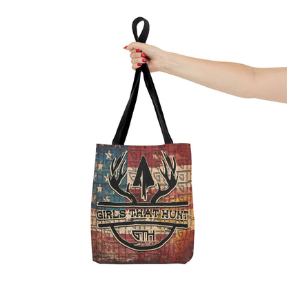 GTH- Girls That Hunt American Tote Bag" showcasing American flag and antler design