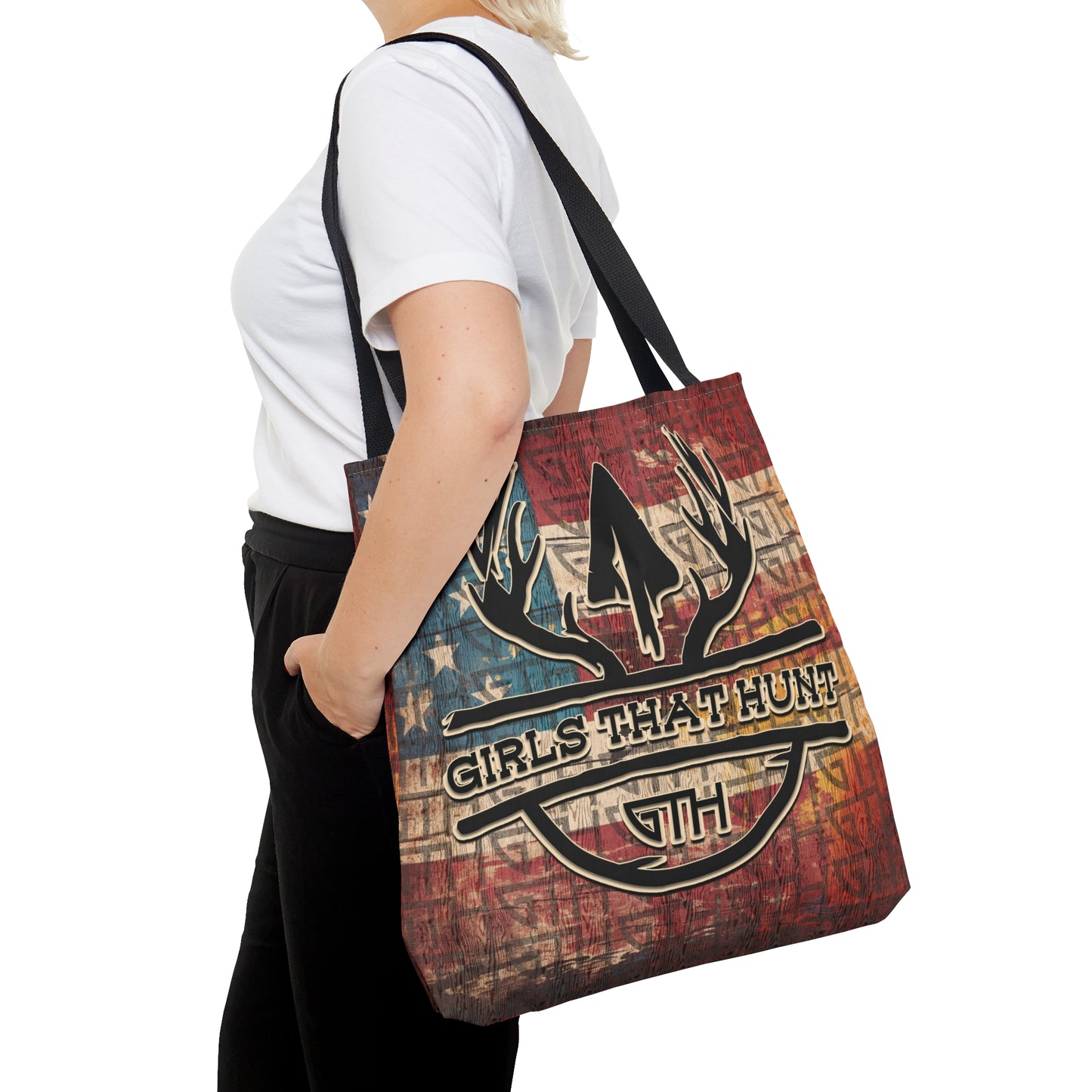 GTH- Girls That Hunt American Tote Bag" showcasing American flag and antler design