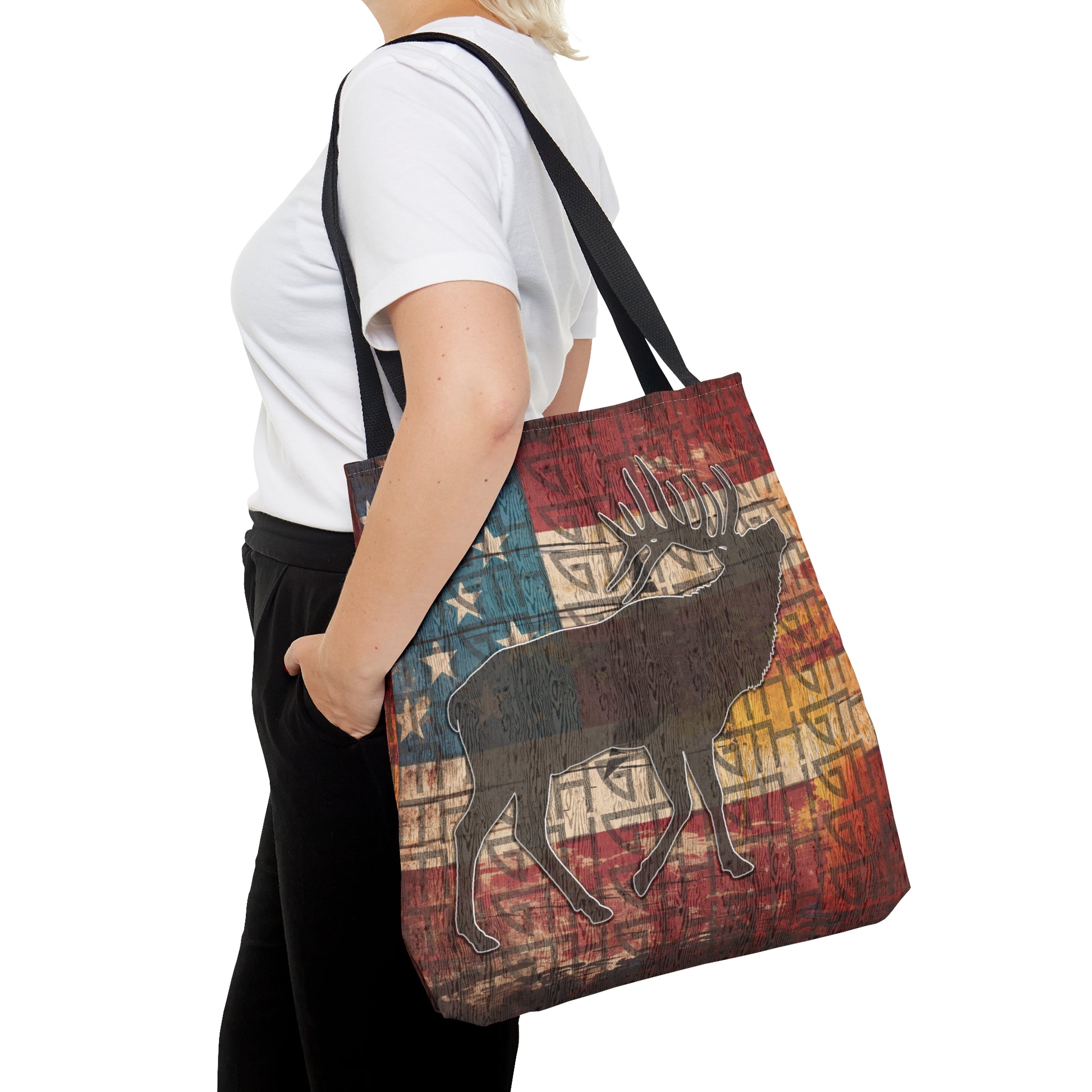 GTH American Bugling Bull Tote Bag" featuring a bugling bull and American flag design