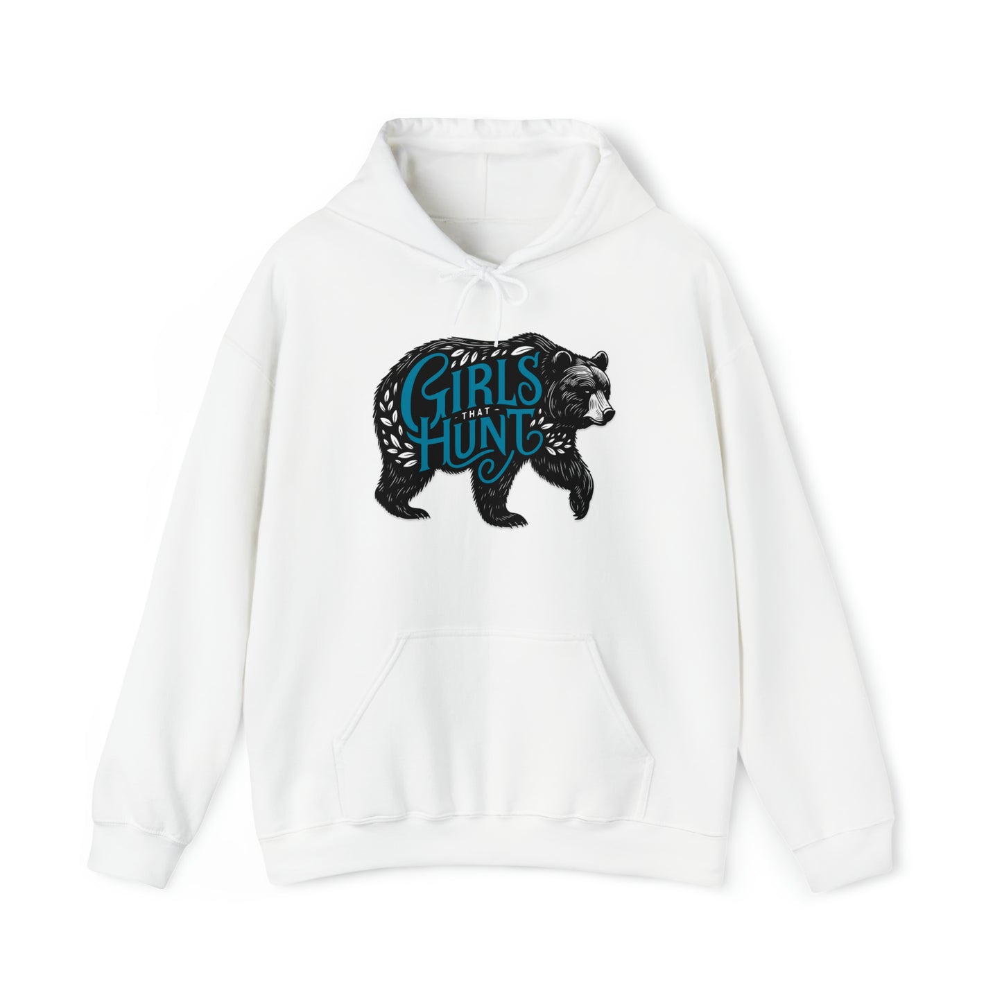 Front view of Girls That Hunt Black Bear Hoodie showcasing the full black bear design and text