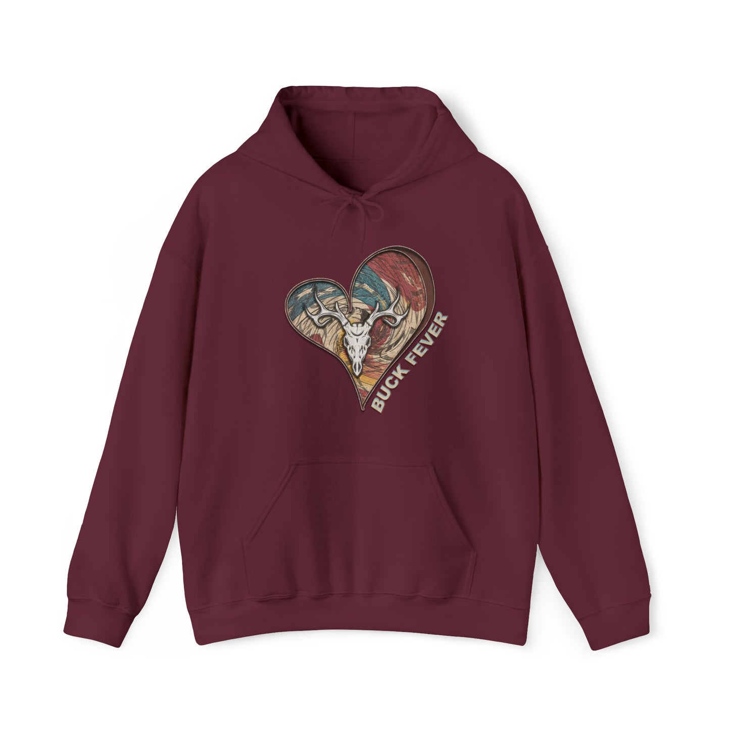 Buck Fever Hoodie" with heart and euro buck design and Buck Fever text