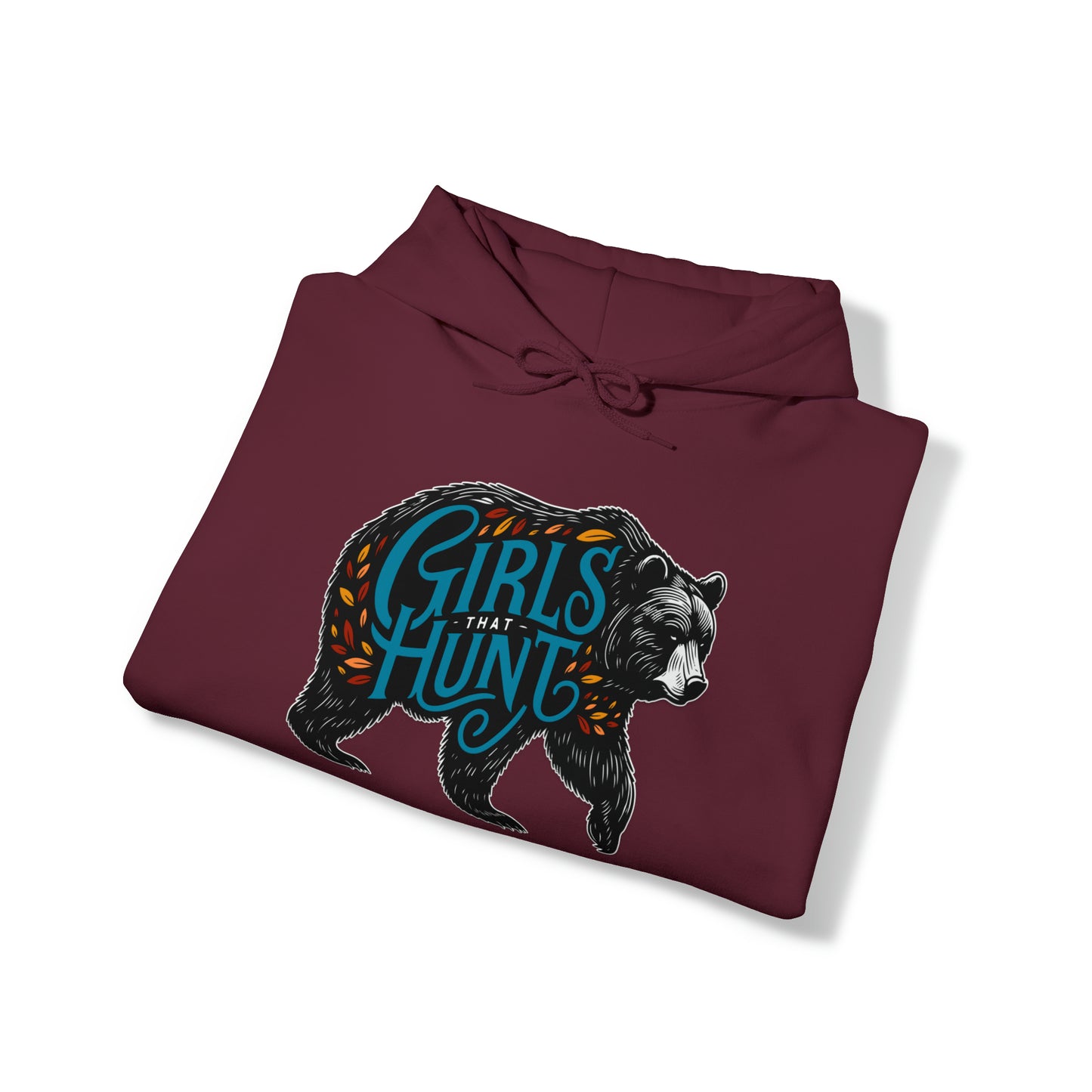 Front view of Girls That Hunt Black Bear Hoodie showcasing the full black bear design and text