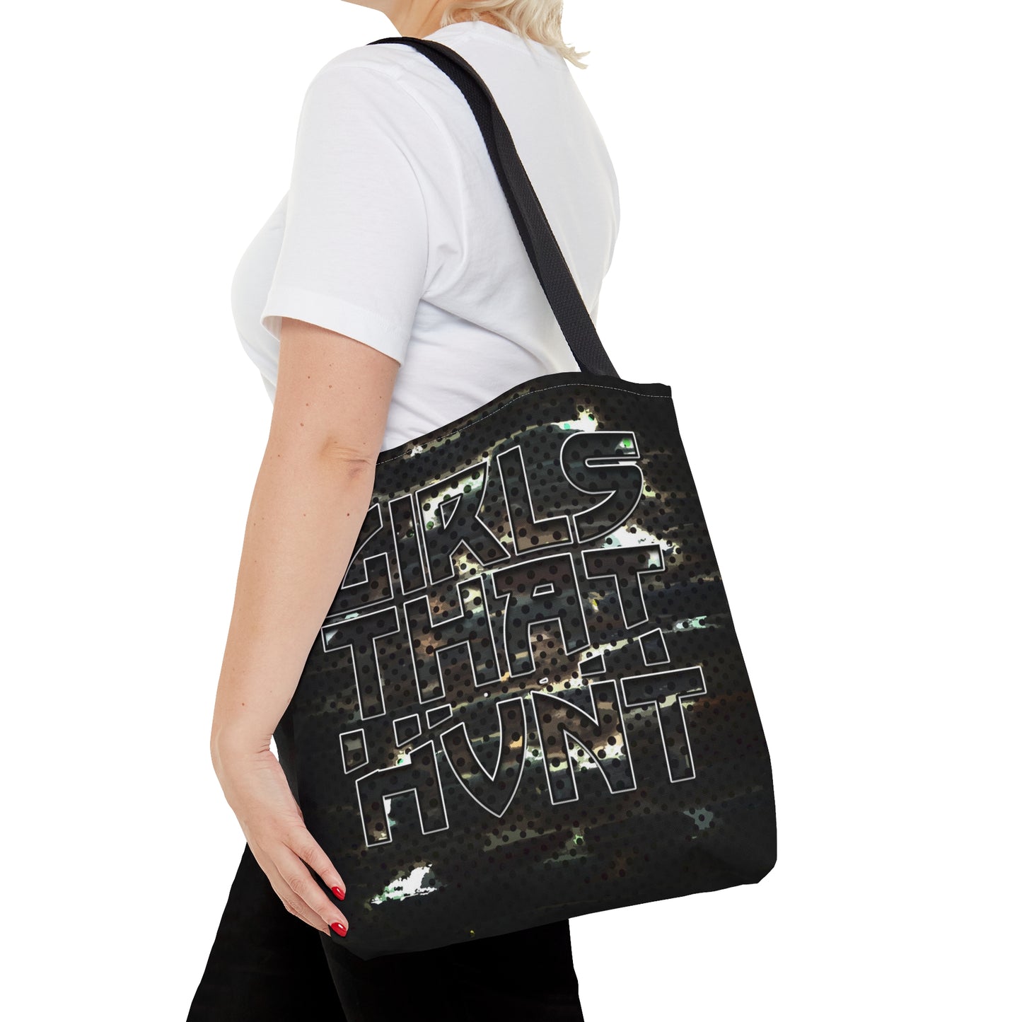 Girls That Hunt Camo Metal Tote Bag - Highlighting gun metal accents and camo print