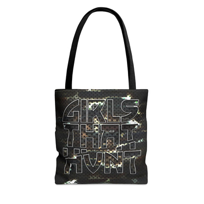 Girls That Hunt Camo Metal Tote Bag - Highlighting gun metal accents and camo print