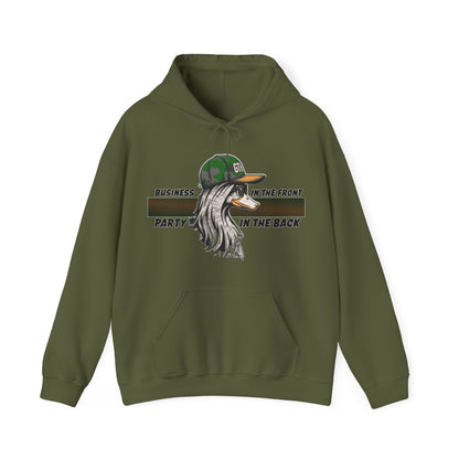 Outdoor Enthusiast's Mullet Hoodie - ‘Business in the Front, Party in the Back’ Duck-Themed Pullover