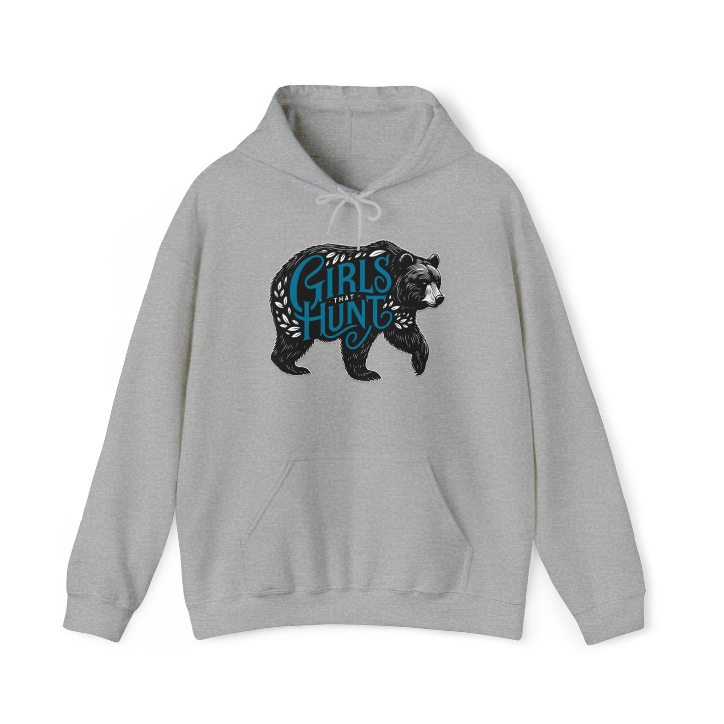 Front view of Girls That Hunt Black Bear Hoodie showcasing the full black bear design and text