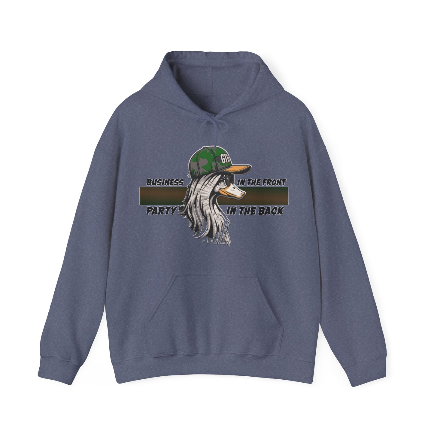 Outdoor Enthusiast's Mullet Hoodie - ‘Business in the Front, Party in the Back’ Duck-Themed Pullover