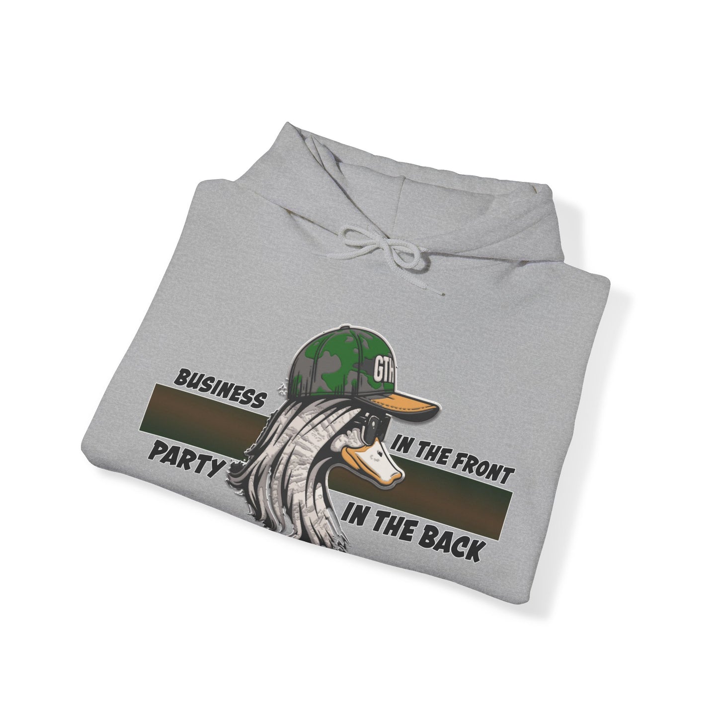 Outdoor Enthusiast's Mullet Hoodie - ‘Business in the Front, Party in the Back’ Duck-Themed Pullover