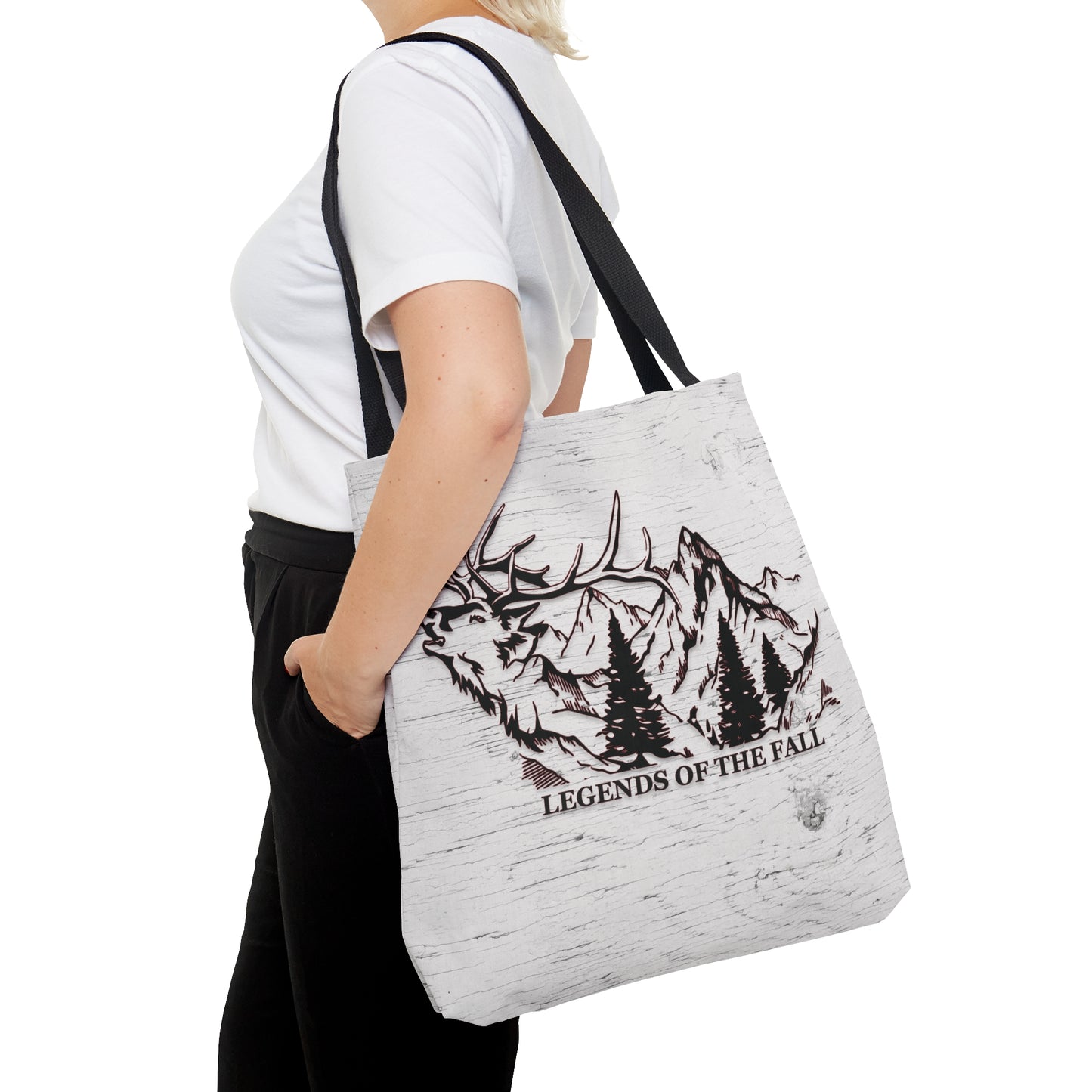 Legends of the Fall Tote Bag" showcasing the bugling bull elk design, mountain range, and the Legends of the Fall text