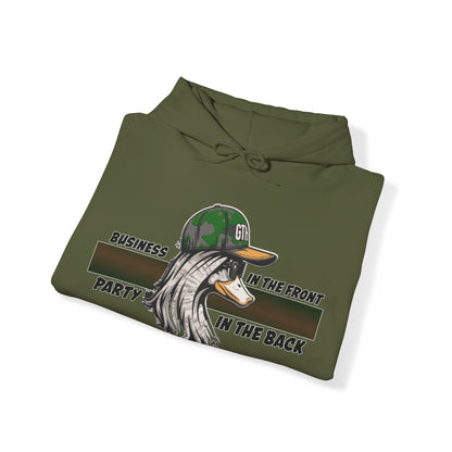 Outdoor Enthusiast's Mullet Hoodie - ‘Business in the Front, Party in the Back’ Duck-Themed Pullover