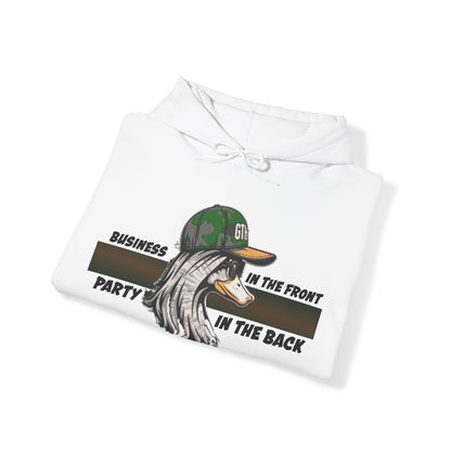 Outdoor Enthusiast's Mullet Hoodie - ‘Business in the Front, Party in the Back’ Duck-Themed Pullover