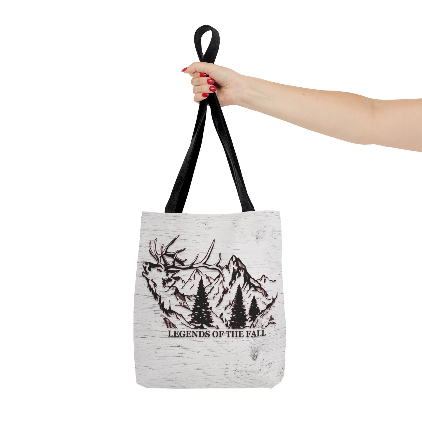 Legends of the Fall Tote Bag" showcasing the bugling bull elk design, mountain range, and the Legends of the Fall text