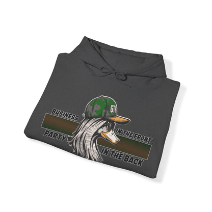 Outdoor Enthusiast's Mullet Hoodie - ‘Business in the Front, Party in the Back’ Duck-Themed Pullover