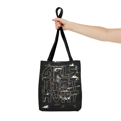 Girls That Hunt Camo Metal Tote Bag - Highlighting gun metal accents and camo print