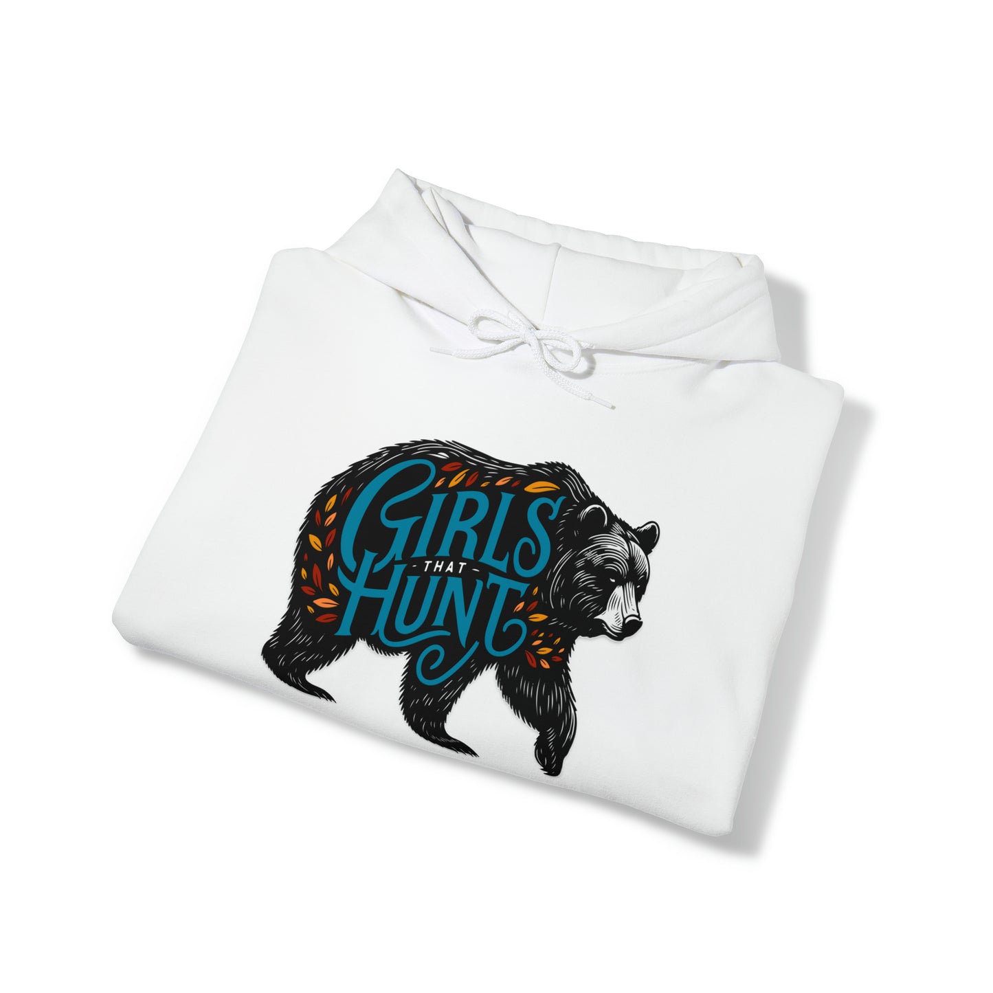 Front view of Girls That Hunt Black Bear Hoodie showcasing the full black bear design and text