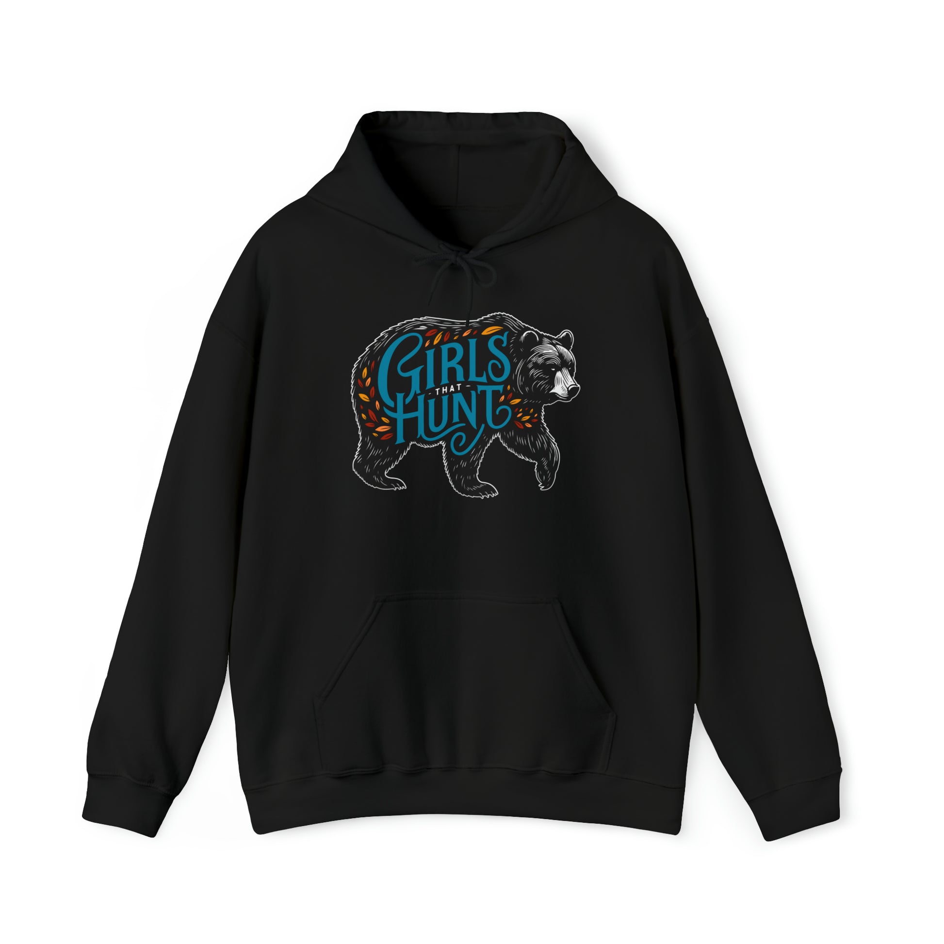 Front view of Girls That Hunt Black Bear Hoodie showcasing the full black bear design and text