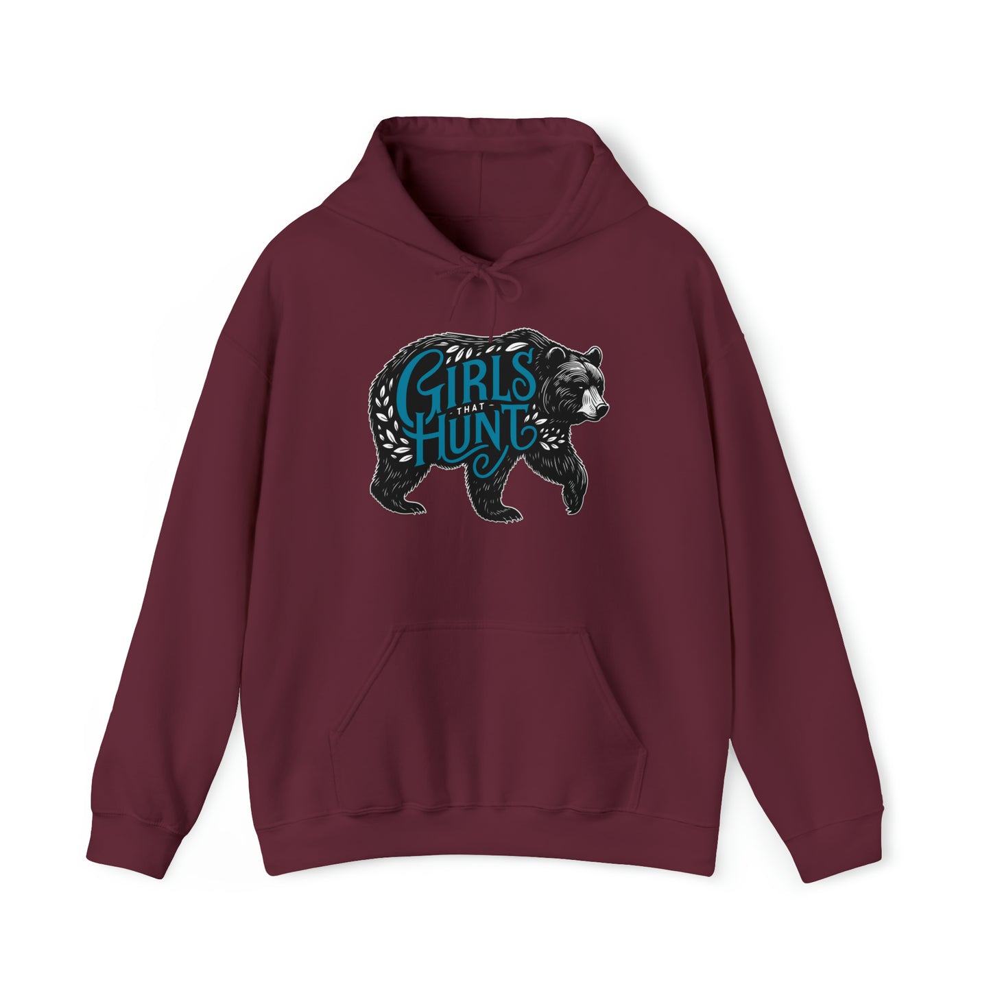 Front view of Girls That Hunt Black Bear Hoodie showcasing the full black bear design and text