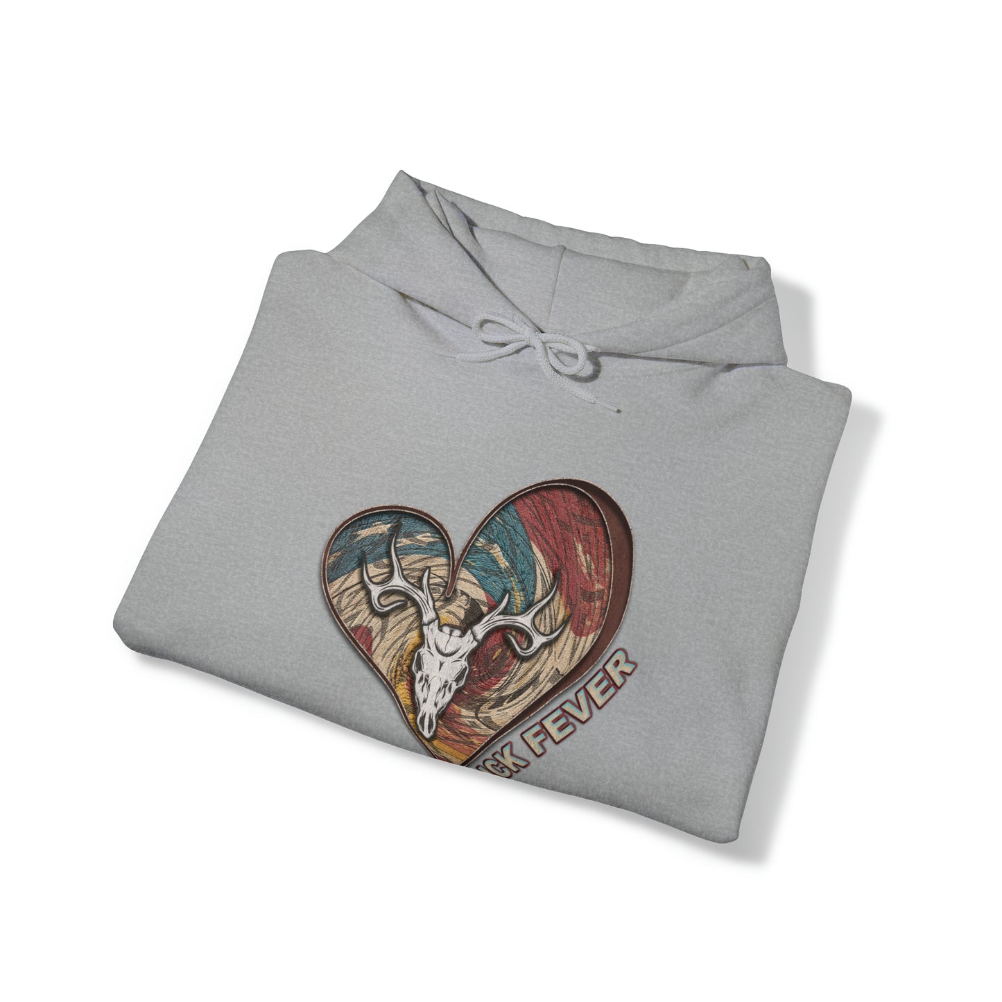 Buck Fever Hoodie" with heart and euro buck design and Buck Fever text