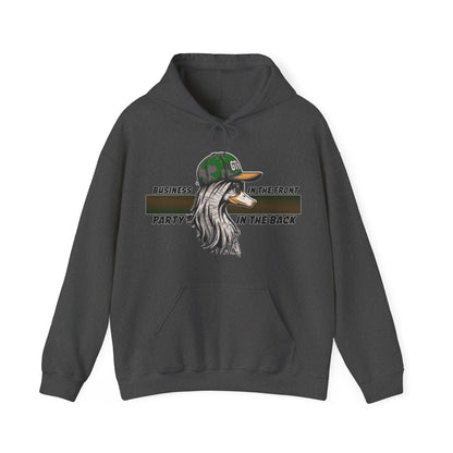 Outdoor Enthusiast's Mullet Hoodie - ‘Business in the Front, Party in the Back’ Duck-Themed Pullover