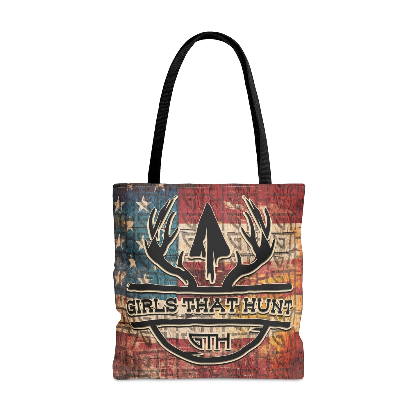 GTH- Girls That Hunt American Tote Bag" showcasing American flag and antler design