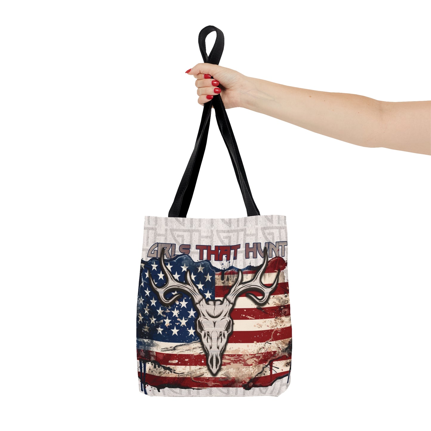 GTH American Buck Tote Bag" with Euro buck design, American flag backdrop, and Girls That Hunt text