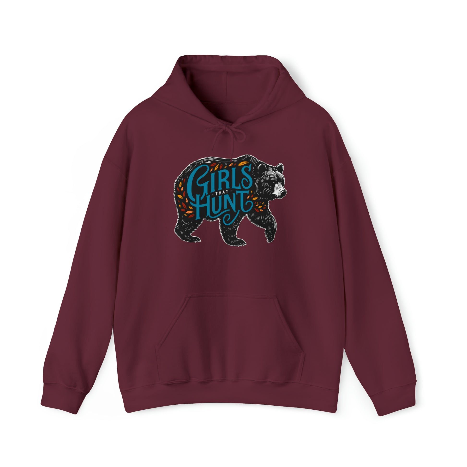 Front view of Girls That Hunt Black Bear Hoodie showcasing the full black bear design and text