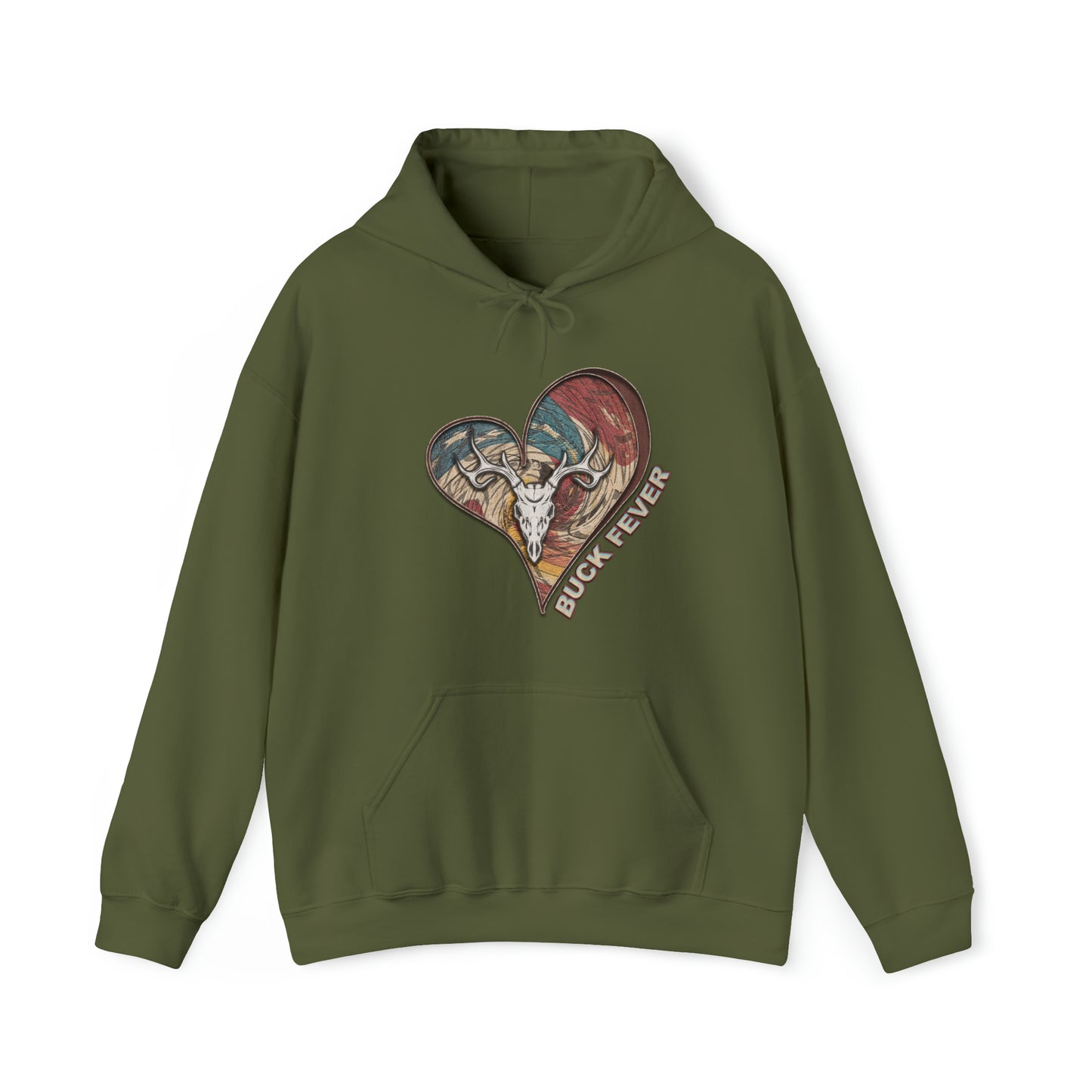 Buck Fever Hoodie" with heart and euro buck design and Buck Fever text