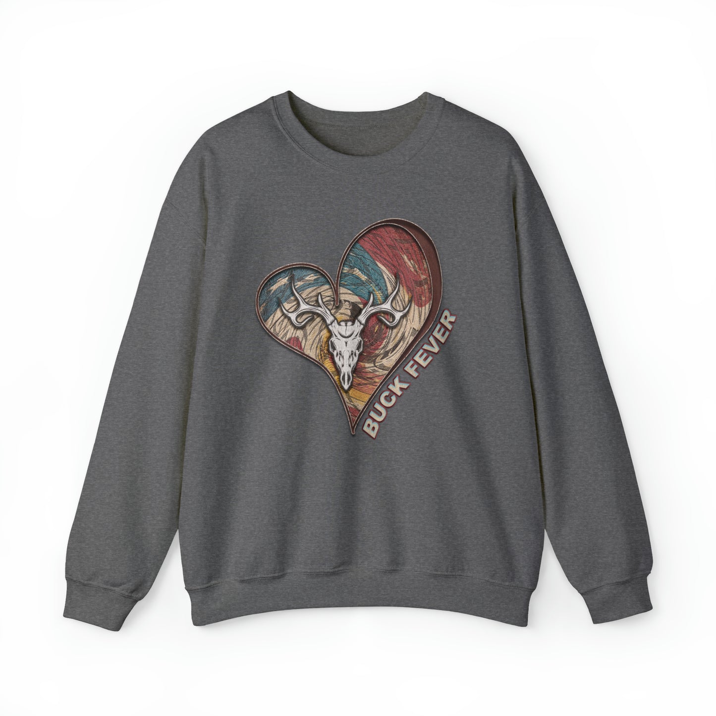 Buck Fever Crewneck Sweatshirt" highlighting the heart, euro buck design, and Buck Fever text