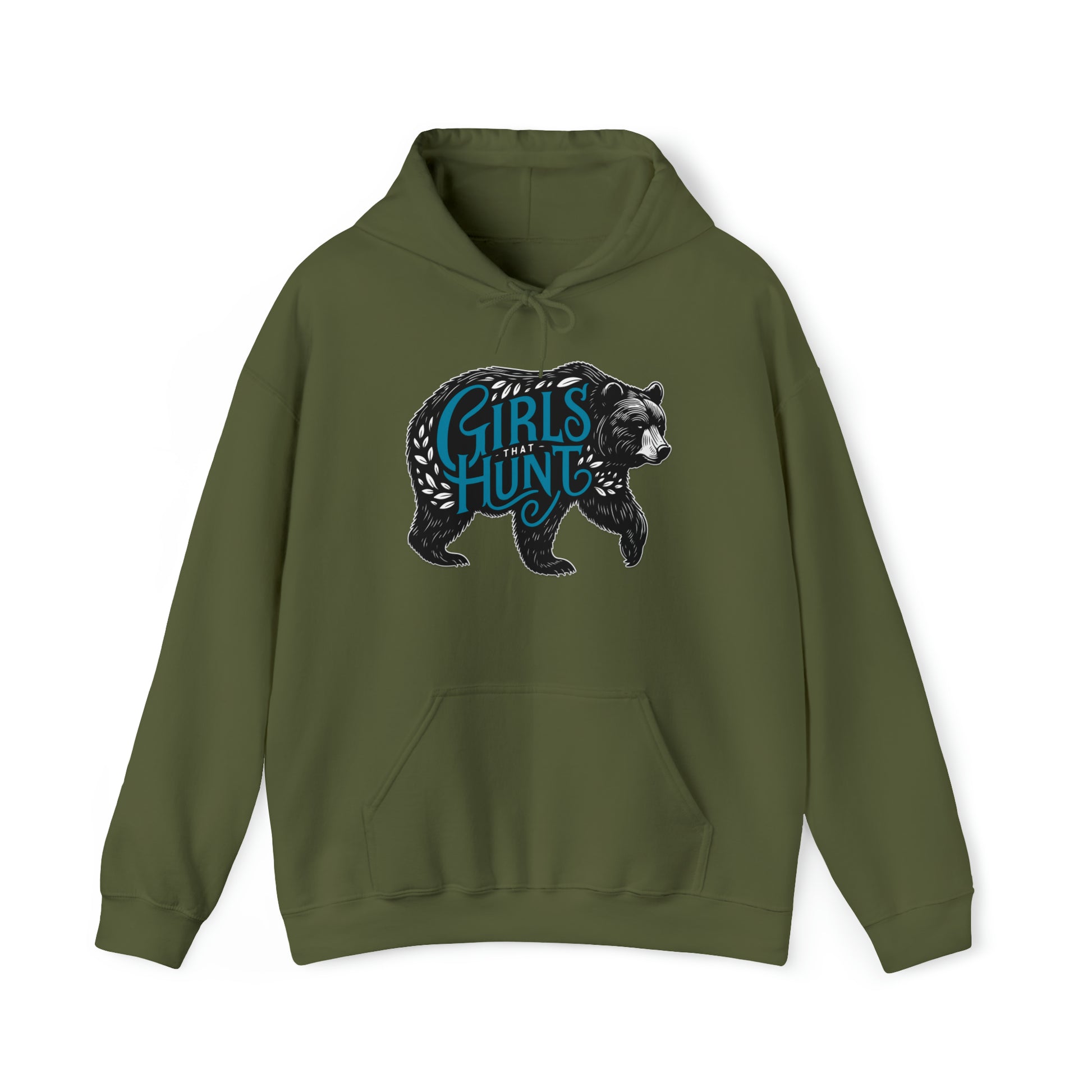 Front view of Girls That Hunt Black Bear Hoodie showcasing the full black bear design and text