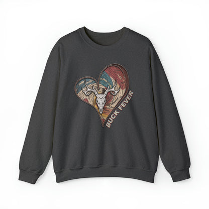 Buck Fever Crewneck Sweatshirt" highlighting the heart, euro buck design, and Buck Fever text