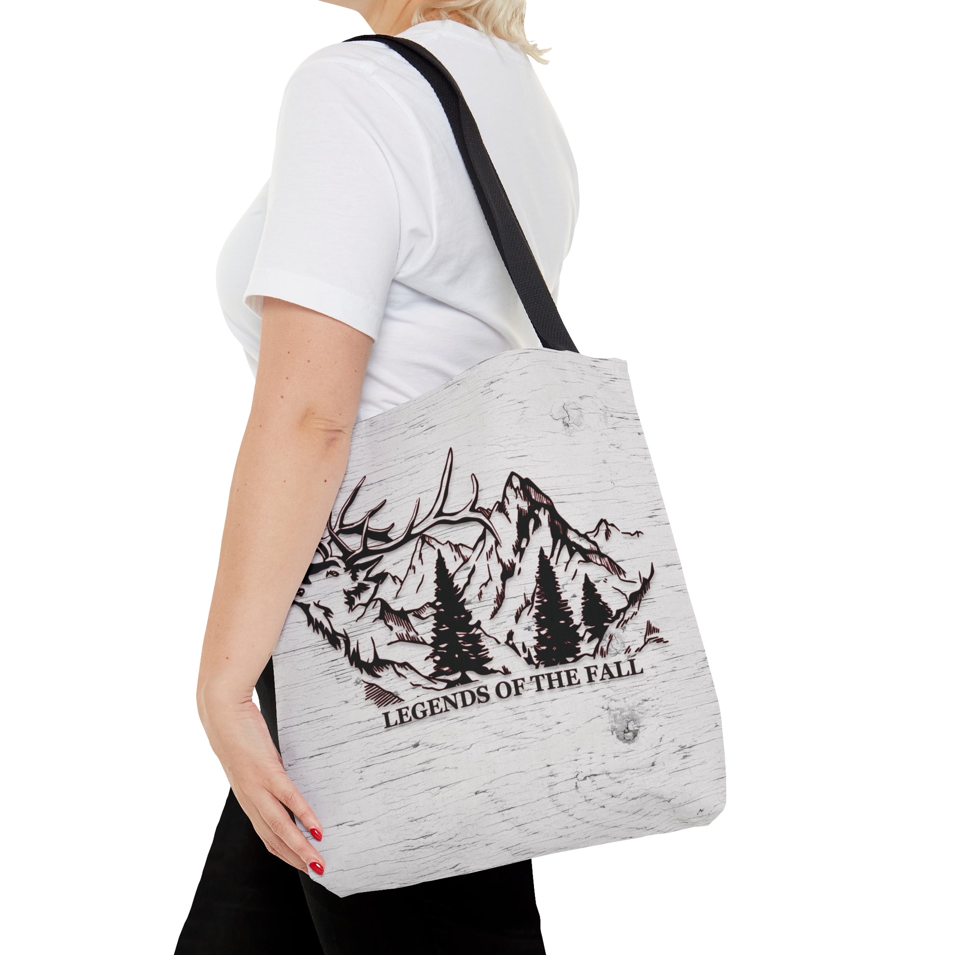 Legends of the Fall Tote Bag" showcasing the bugling bull elk design, mountain range, and the Legends of the Fall text