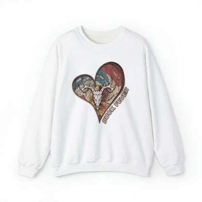 Buck Fever Crewneck Sweatshirt" highlighting the heart, euro buck design, and Buck Fever text