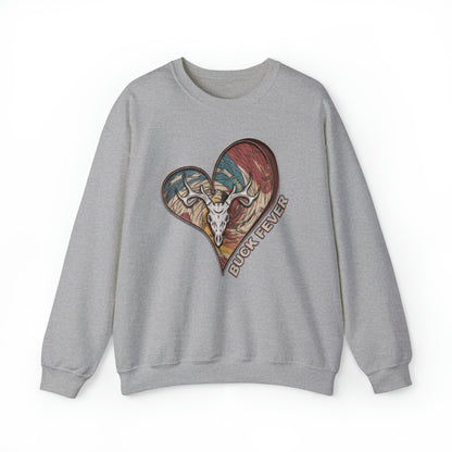 Buck Fever Crewneck Sweatshirt" highlighting the heart, euro buck design, and Buck Fever text