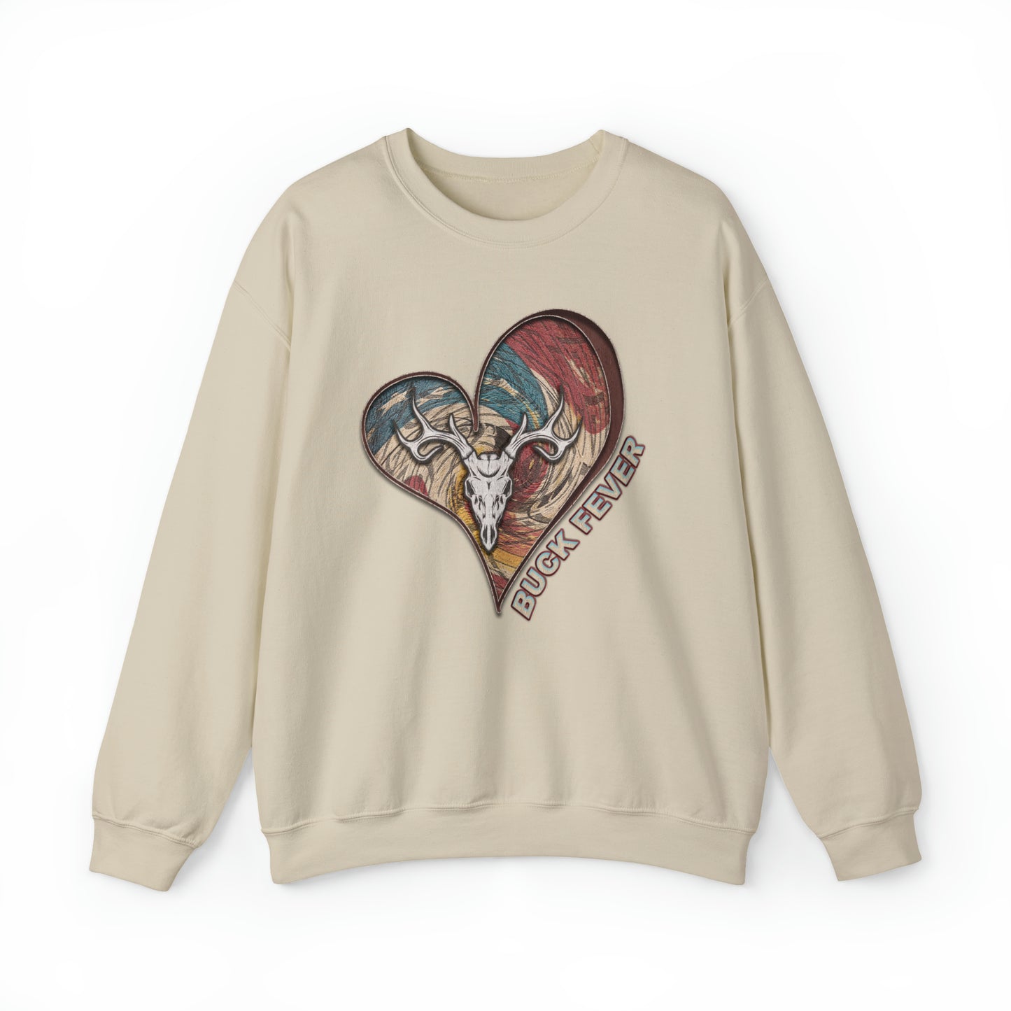 Buck Fever Crewneck Sweatshirt" highlighting the heart, euro buck design, and Buck Fever text