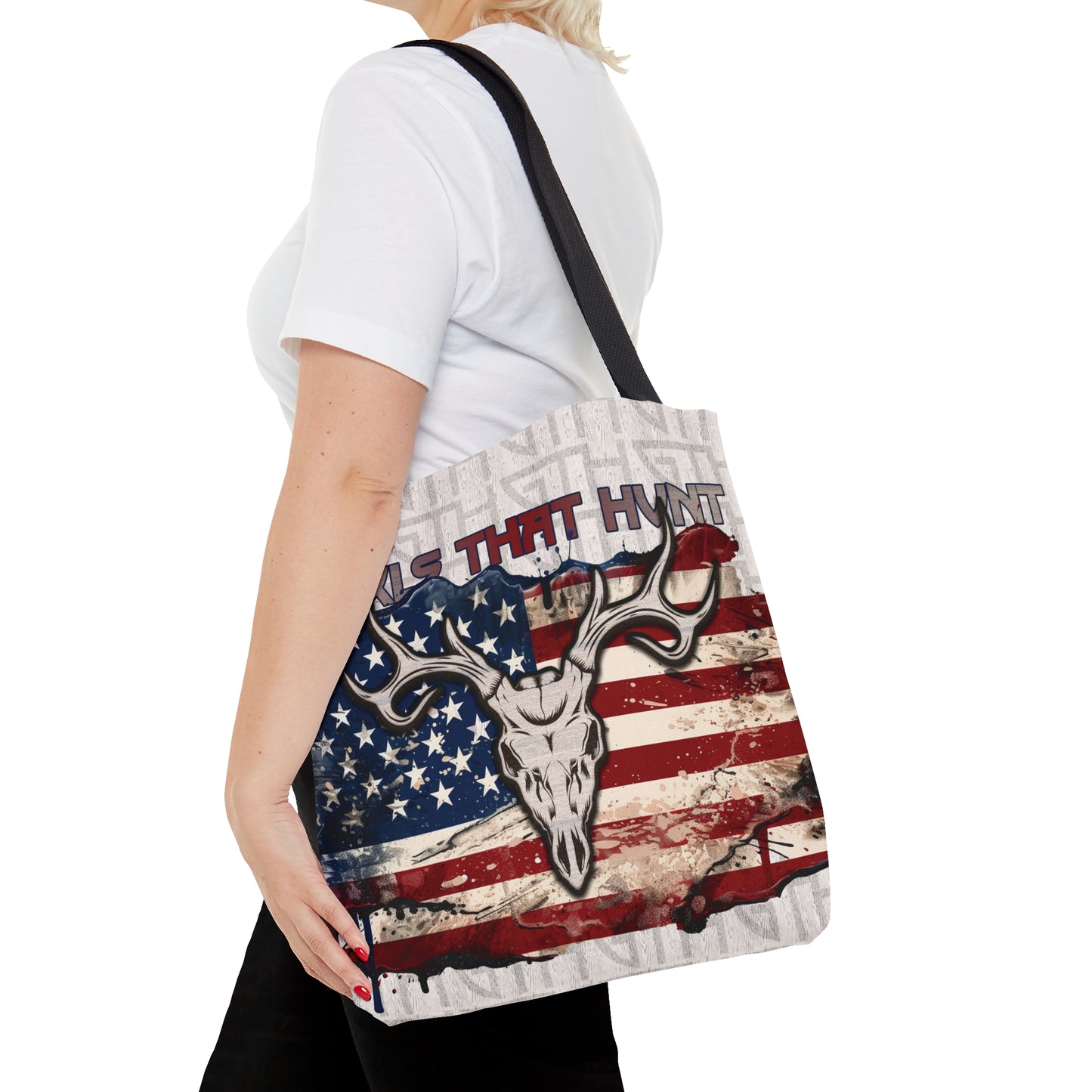 GTH American Buck Tote Bag" with Euro buck design, American flag backdrop, and Girls That Hunt text