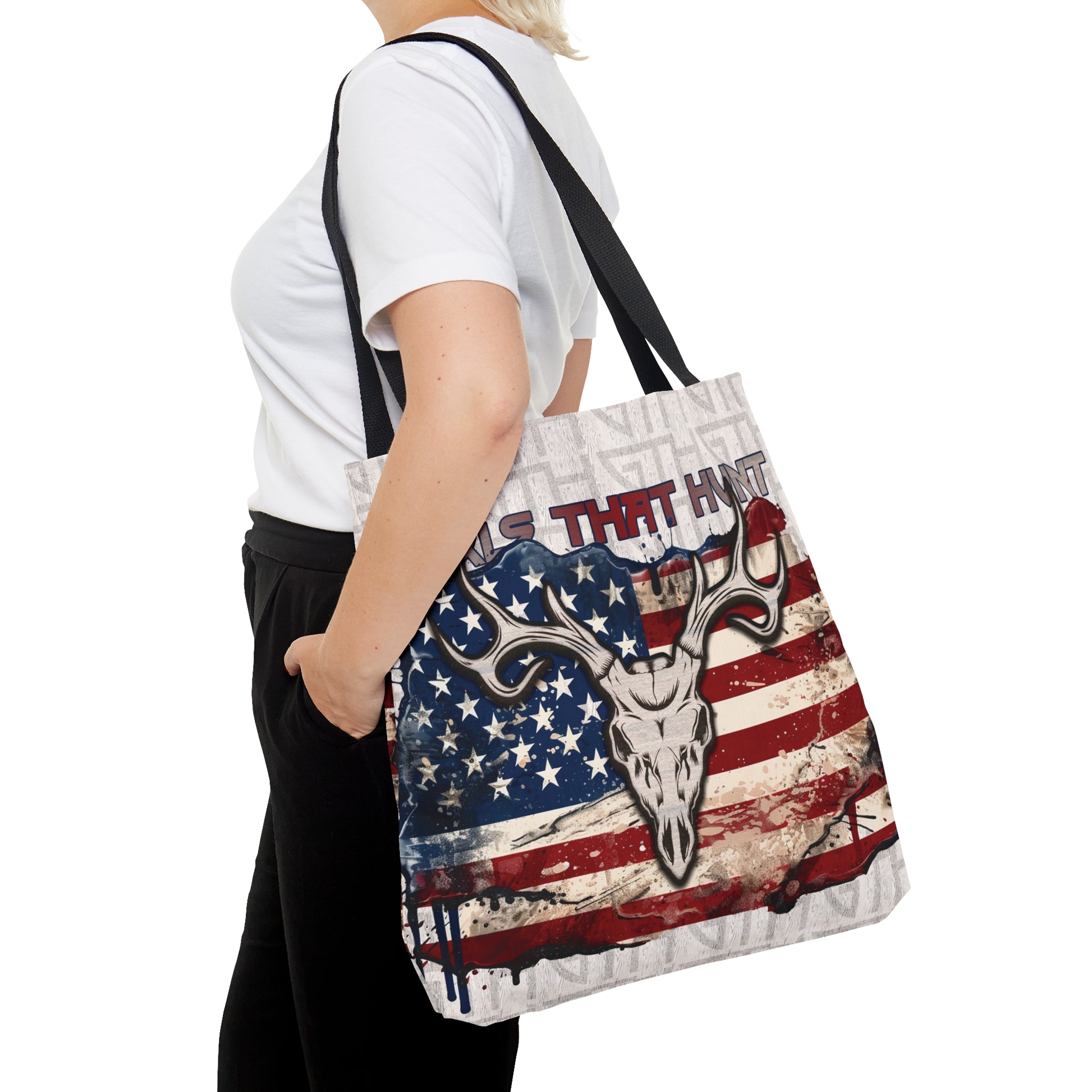 GTH American Buck Tote Bag" with Euro buck design, American flag backdrop, and Girls That Hunt text