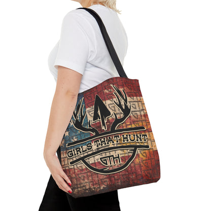 GTH- Girls That Hunt American Tote Bag" showcasing American flag and antler design