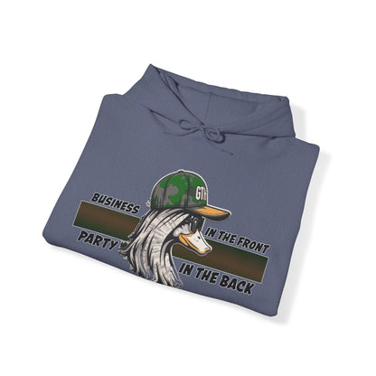 Outdoor Enthusiast's Mullet Hoodie - ‘Business in the Front, Party in the Back’ Duck-Themed Pullover