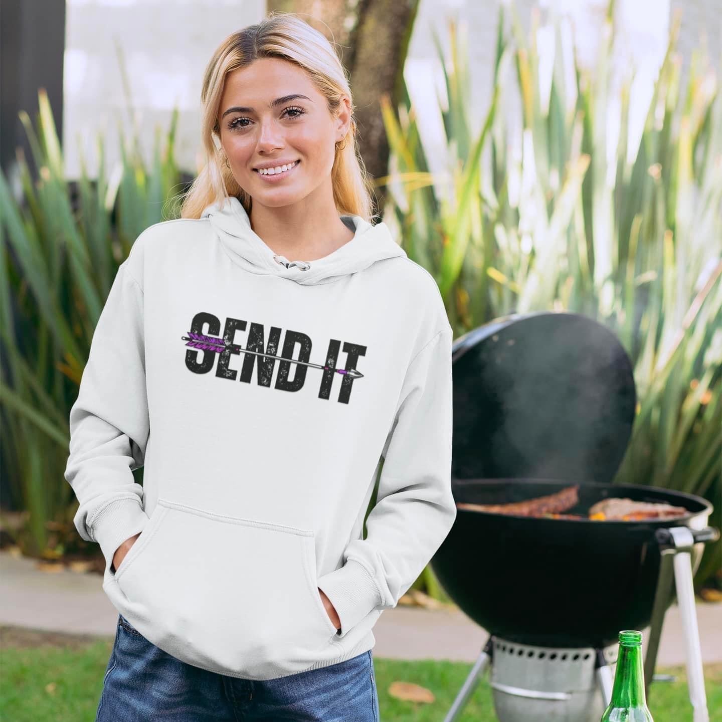 Send It Arrow Hoodie - White - Showcasing the "Send It" text and arrow image