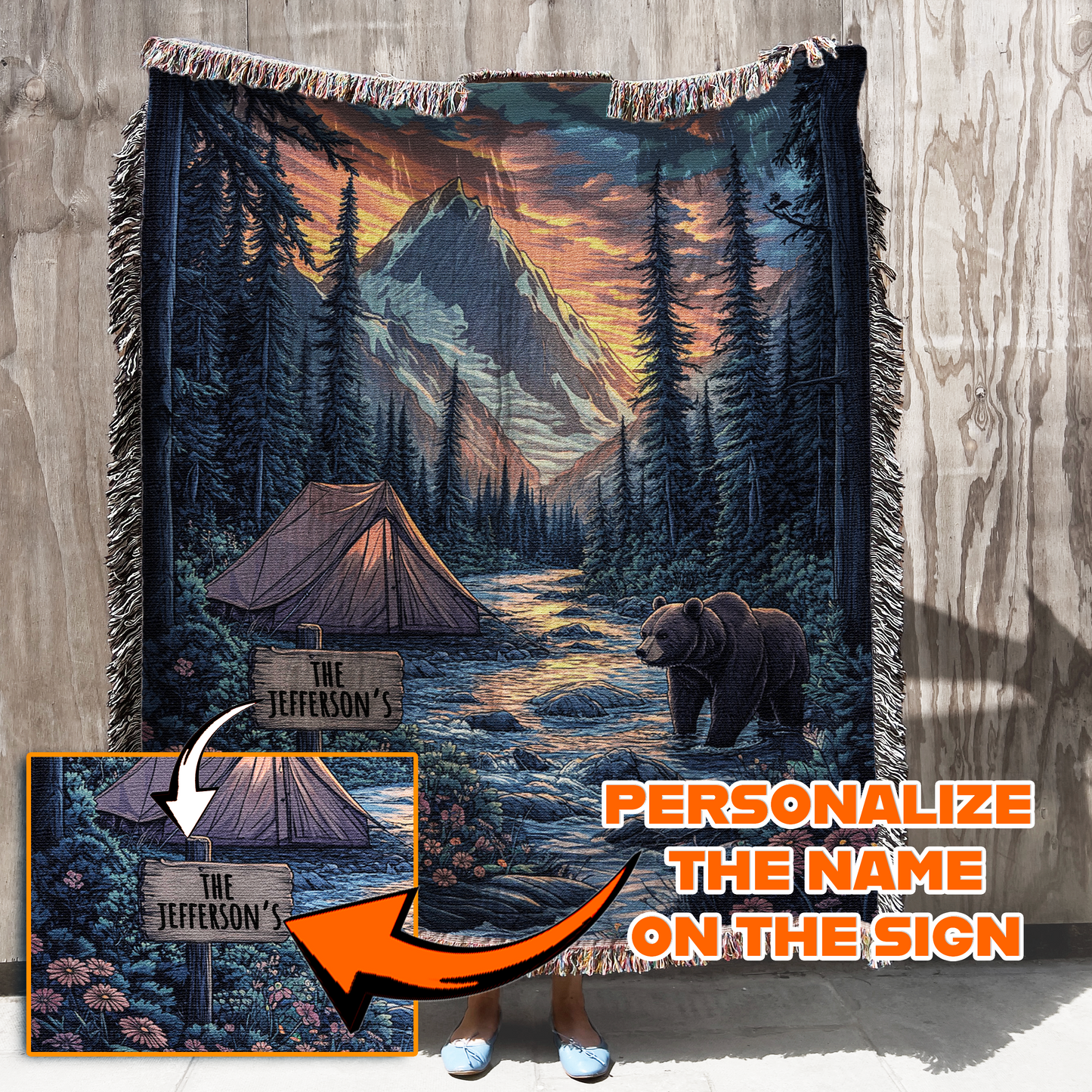 Personalized Woven Blanket | Wilderness Camp Scene