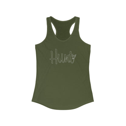 Hunt Love Racerback Tank - Military Green- Displaying the unique 'Hunt' and heart design