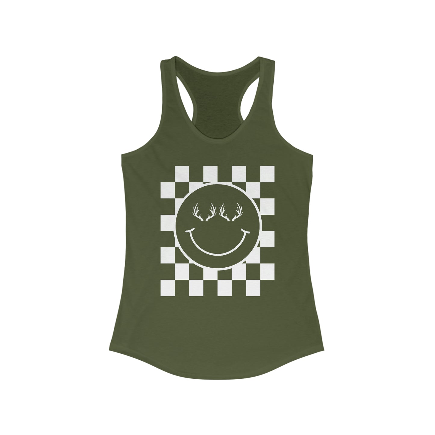 The Happy Racerback Tank - green - Showcasing the happy face with antlers design