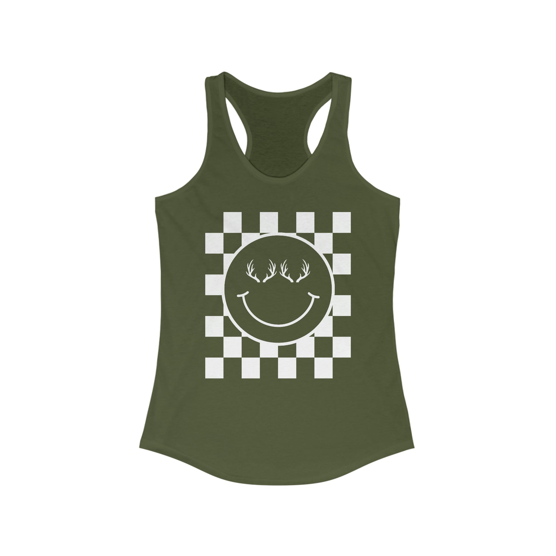 The Happy Racerback Tank - green - Showcasing the happy face with antlers design