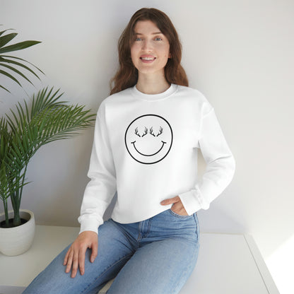 Happy Antlers Crewneck Sweatshirt - White - Showcasing the "Happy Antlers" design