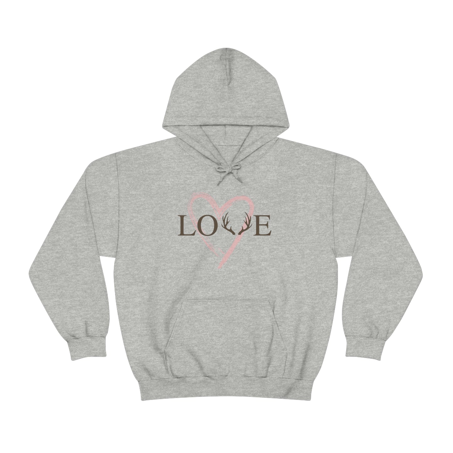 The Love Hoodie - Gray - Showcasing the word "Love" with antlers design