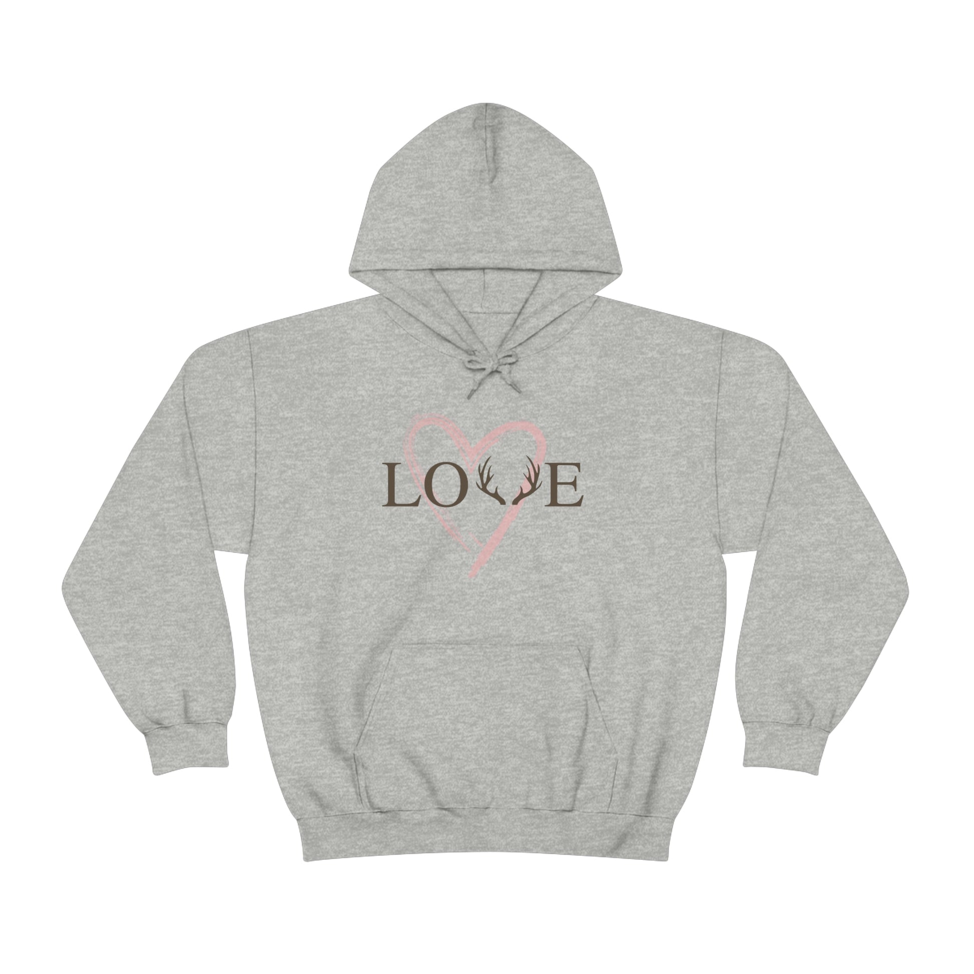 The Love Hoodie - Gray - Showcasing the word "Love" with antlers design