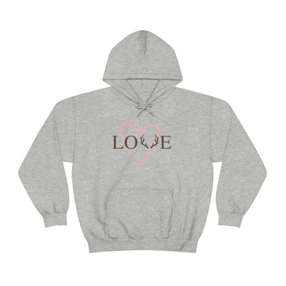 The Love Hoodie - Gray - Showcasing the word "Love" with antlers design