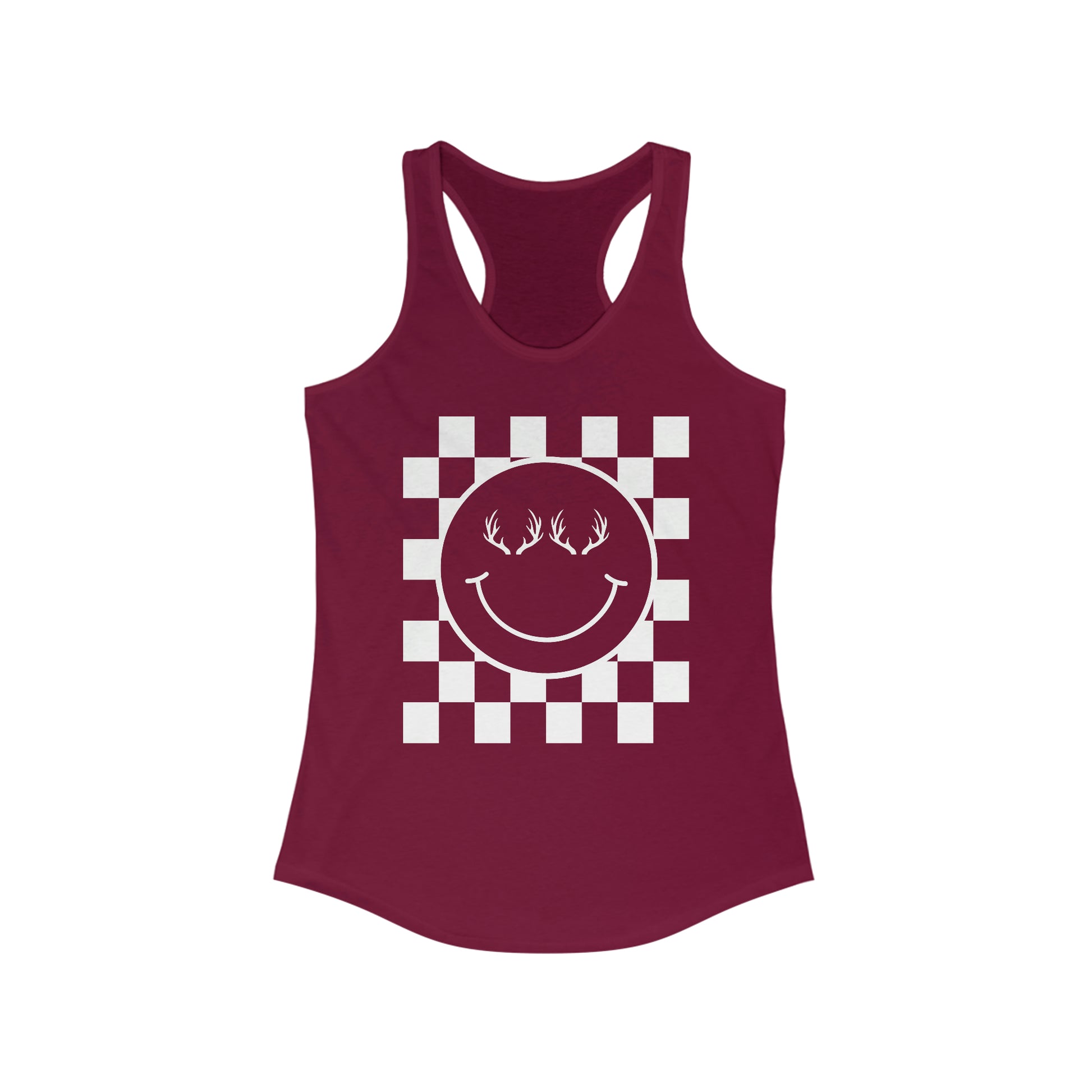 The Happy Racerback Tank - Red - Showcasing the happy face with antlers design