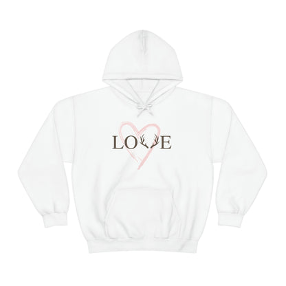 The Love Hoodie - White - Showcasing the word "Love" with antlers design