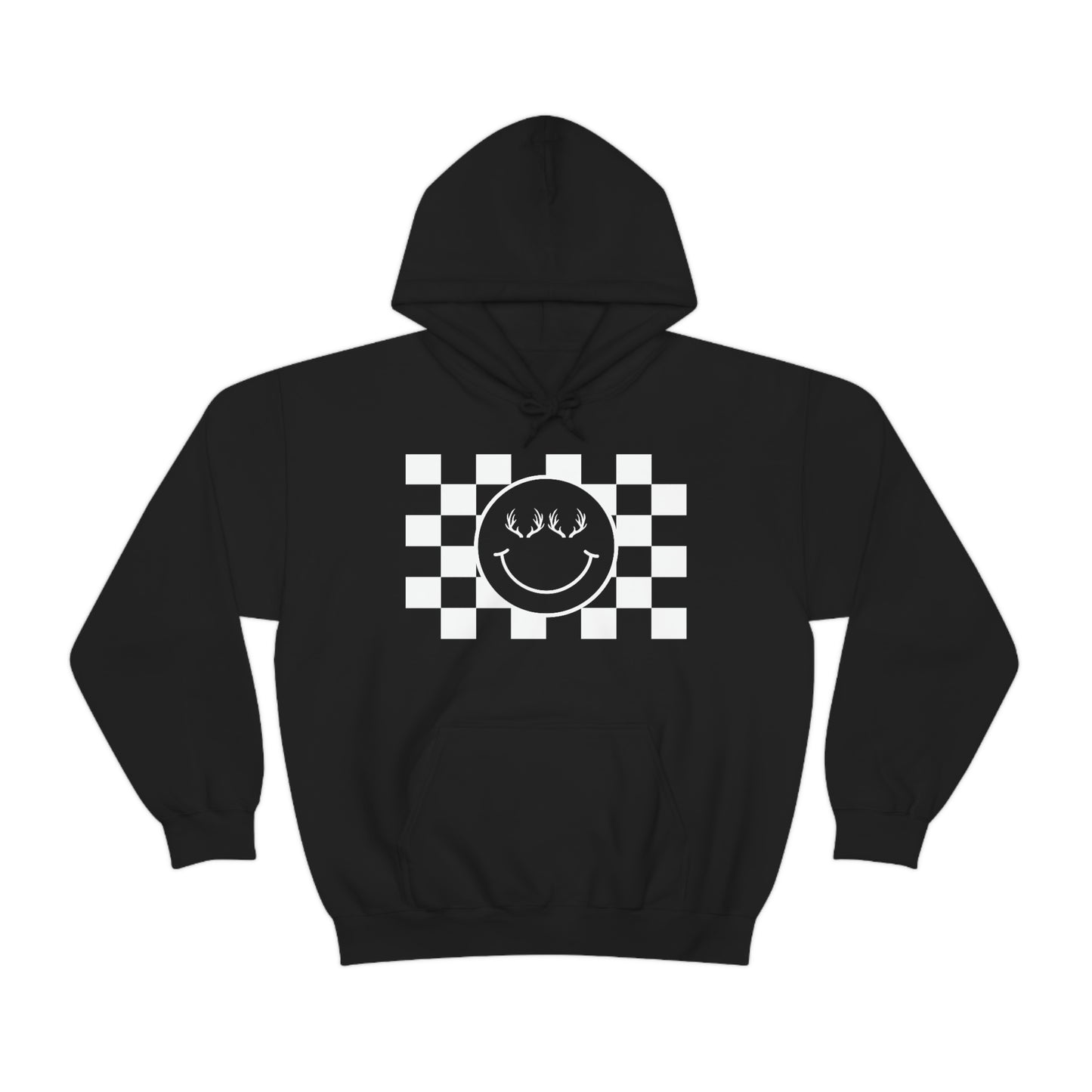 The Happy Hoodie - Black - Showcasing the happy face with antlers design